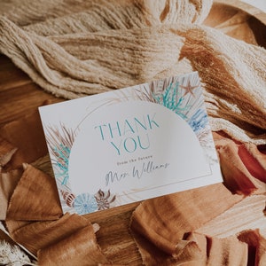 Boho blue ocean theme beach bridal shower flat note card, turquoise coral and brown sea shells wedding shower thank you card template - C267