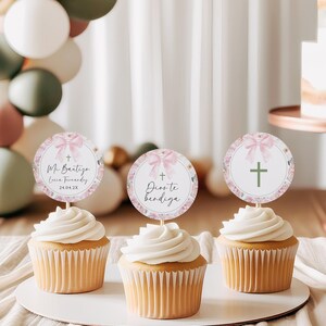 Pink peonies bow baptism girl cupcake toppers boho spanish editable, cupcakes bautizo niña español, round religious cake topper label -C441g