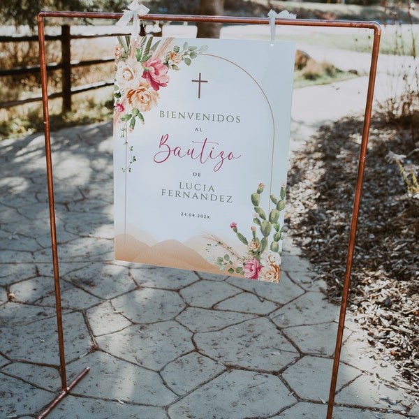 Boho floral baptism girl welcome poster editable in spanish, bienvenida bautizo en español, welcome sign in the desert blooming cacti - C343