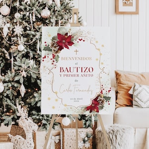 Red poinsettia baptism & 1st birthday welcome sign spanish printable, flores de Navidad bienvenida bautizo y primer anito welcome sign -C008