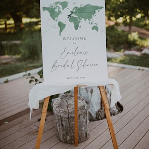 Bridal shower welcome sign printable, travel point on the world map welcome poster, sage green world map wedding shower welcome board -C263