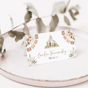 Boy baptism place card flat spanish template, boho floral mexican theme christening seating cards, tarjetas de lugar bautizo español - C464