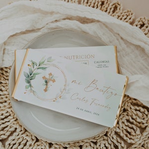 Bautizo chocolate etiqueta en español, chocolate bar wrapper template in spanish, green golden spanish candy bar label, baptism favors -C009