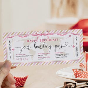 Birthday gift boarding pass, flight airline travel voucher Happy Birthday, plane ticket fully edited, surprise ticket with pink bow for her
