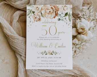 50th wedding anniversary invitation, gold anniversary invitation template, watercolor beige flowers wedding anniversary invitation - C192