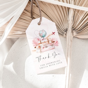Traveling from Miss to Mrs bridal shower favor tag template, globe and vintage suitcases gift tag, pink travel wedding favor tags - C265