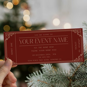 Red editable gift certificate for events, christmas surprise event ticket, gift concert ticket, movie ticket template, show event ticket