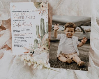 Boho beige floral & desert cactus baptism 1st birthday boy invitation spanish template, celebración bautizo y primer añito en español - C470