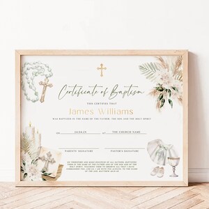 Editable Certificate of Baptism boy, boho beige green tone church certificate, gold cross christening certificate, dedication keepsake -C316