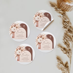 Mi bautizo labels editable spanish, bohemian pegatinas personalizadas para bautizo en español decor, christening baptism round sticker -C002