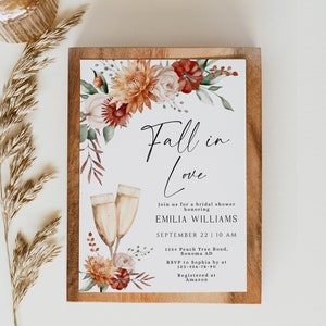 Fall in Love bridal shower invitation template, boho burnt orange rust floral, champagne, autum pumpkin, fall wedding shower invite - C420