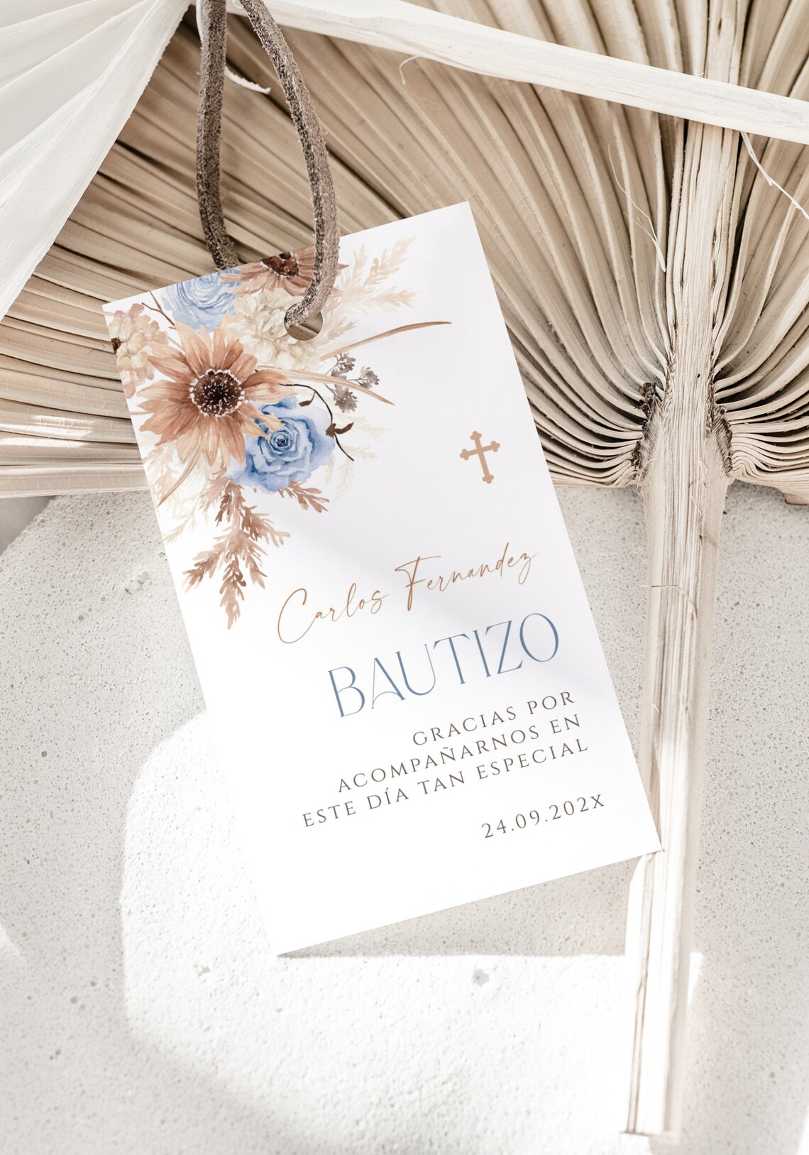 Pampas Grass Baptism Favor Tags En Espanol Printable, Boho Blue Floral