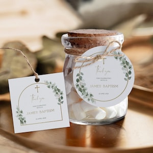 Greenery eucalyptus and gold cross favor tag baptism printable, favors gift label, round square christening boy girl thank you tag -C036