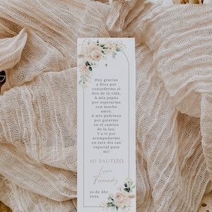 Mi bautizo flores blancas para niña tarjeta de oración printable, white flowers gold decor baptism bookmark in spanish for little girl -C004