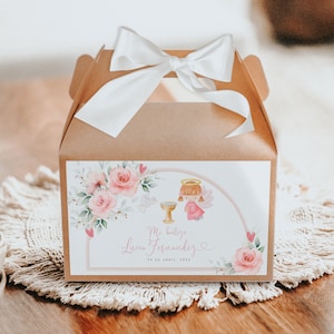 Angel gable box label in spanish template, mi bautizo, pink flowers christening favor gifts label, flores un ángel caja en español - C152