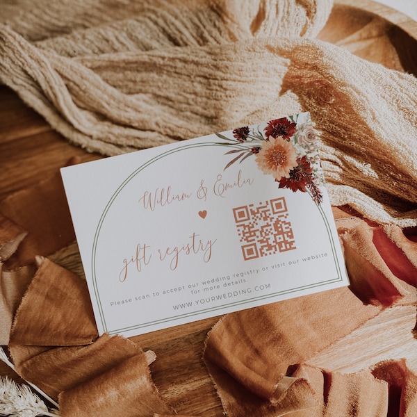 Minimalist wedding registry card template, QR code wedding website, gift registry card with bohemian flowers, wedding registry QR code -C064