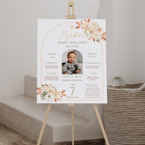 Bohemian baptism milestone sign printable, my baptism milestone with photo, christening milestone, fall floral baptism decor poster -C042