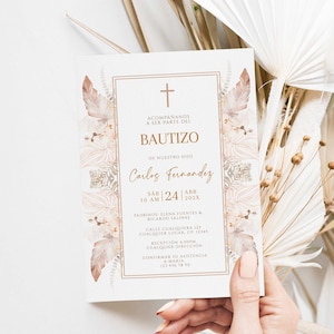 Bohemian gold beige baptism boy girl invites printable spanish, invitacione bautismo con florales género neutro y religioso en español - C23