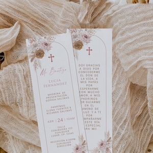 Girl baptism boho pink beige flowers & pampas grass gift prayer card spanish template, floral tarjeta de oraciones bautizo niña español -C65