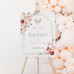 Boho gold arch baptism girl welcome poster angel and colorful wild floral printable spanish, floral bienvenidas al bautizo en español - C437