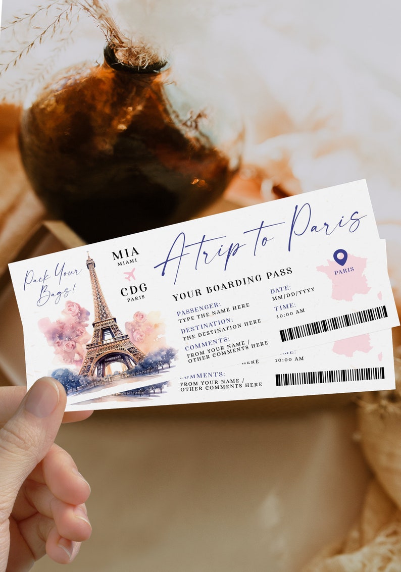 Paris boarding pass ticket template, trip ticket to France, fake airline surprise ticket with Eiffel Tower, birthday party boarding pass image 2