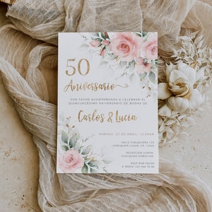 Editable pink rose wedding anniversary invite, invitación 50 aniversario de bodas en español, gold and floral event anniversary invite -C203