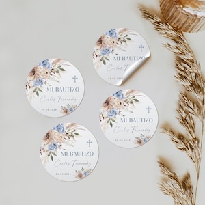 Template round bohemian floral decor baptism thank you label in spanish, etiquetas boho bautizo niño en español, religious stickers -C035