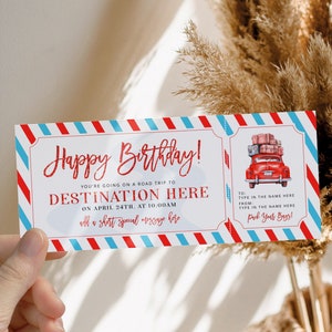 Red blue gift ticket for road trip template, gift birthday voucher for vintage car ride, holiday reveal surprise trip certificate for her