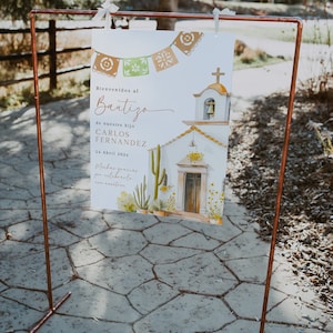 Mexicano religious cartel de bienvenida para niño o niña bautizo en español, editable spanish welcome sign, baptism welcome poster - C341