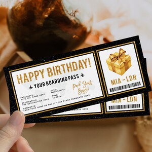 Editable boarding pass gift birthday, modern gold black surprise airline ticket, bday vacation airplane ticket gift, custom ticket for bday