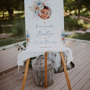 Bohemian blue flowers pampas grass welcome sign baptism boy with photo spanish printable, cartel de bienvenida bautizo niño en español - C17