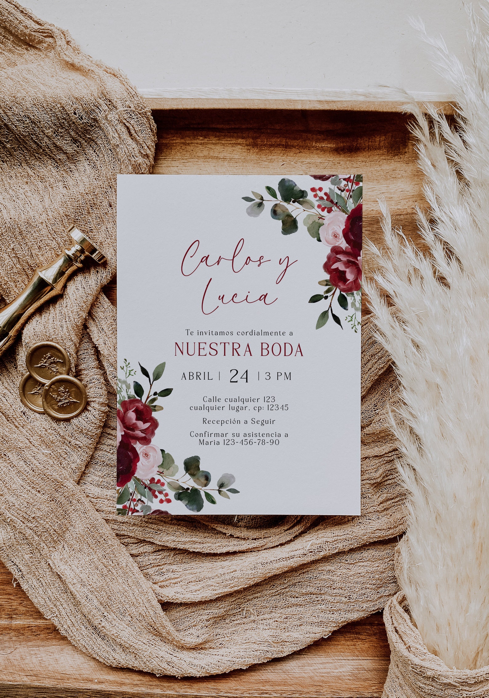 Boho Bright Burgundy Pink Flowers and Eucalyptus Wedding Invitation in Boho Bright Burgundy Pink Flowers and Eucalyptus Wedding Invitation in