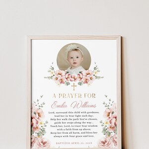 Girl baptism personalized gold pink prayer sign printable, pink floral christening girl prayer sign with photo, boho dedication gift - C178