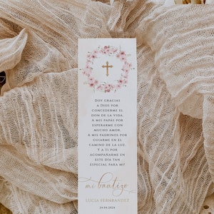 Mi bautizo tarjeta de oración de bautismo de niña imprimible con flores rosas, soft pink flowers baptism bookmark in spanish for girl - C282