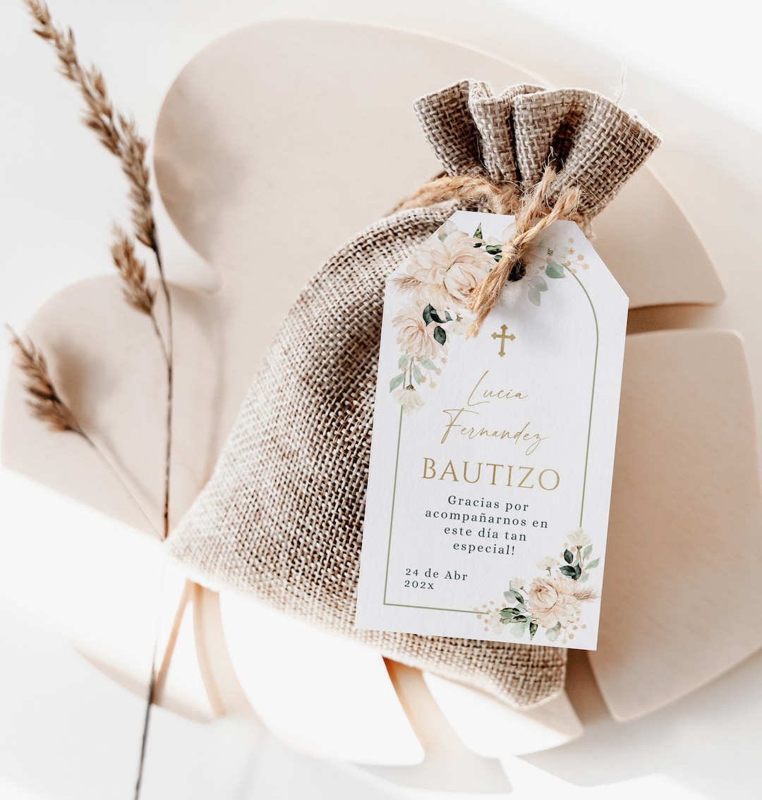Bohemian White Floral Christening Favor Tags in Spanish, Mi Bautizo ...