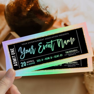 Neon сustom event ticket template, dance party event ticket,  surprise birthday concert ticket, modern event gift, show ticket for her/him