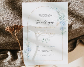 Soft blue hydrangea wedding invitation template, gold arch boho invitate with watercolor flowers, summer garden wedding party invite -C338