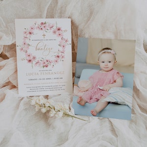 Wreath pink wildflowers baptism girl spanish invitation template, christening girl invite, floral invitación bautizo  niña en español - C282