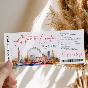 Trip ticket to England printable, boarding pass ticket to London, vacation ticket modern designin the style of postcard, London plane ticket