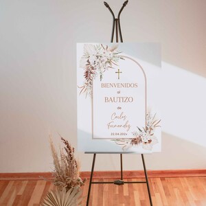 Christening boy/girl welcome poster editable spanish, boho white flowers baptism welcome sign, cartel de bienvenida bautizo en español - C30