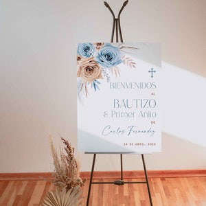 Editable baptism & 1st birthday boy boho watercolor roses welcome sign in spanish, bienvenida bautizo y primer añito niño en español - C15