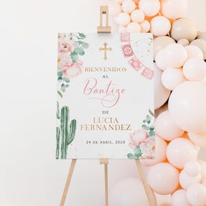 Pink floral & cactus mexican theme for baptism girl boho spanish editable welcome sign, cartel de bienvenida fiesta bautizo en español -C465