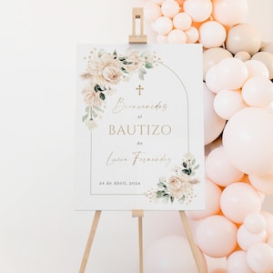 Cartel de bienvenida bautizo christening white flowers printable en español, modern minimalist christening welcome sign girl in spanish-C004