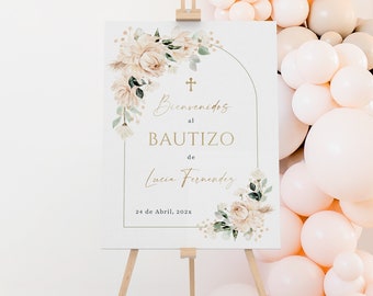 Cartel de bienvenida bautizo christening white flowers printable en español, modern minimalist christening welcome sign girl in spanish-C004