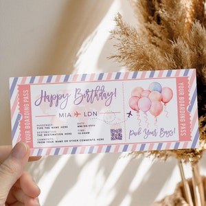 Pink blue birthday gift boarding pass template, bday airplane ticket for her/him, surprise airline ticket with balloons, weekend ticket