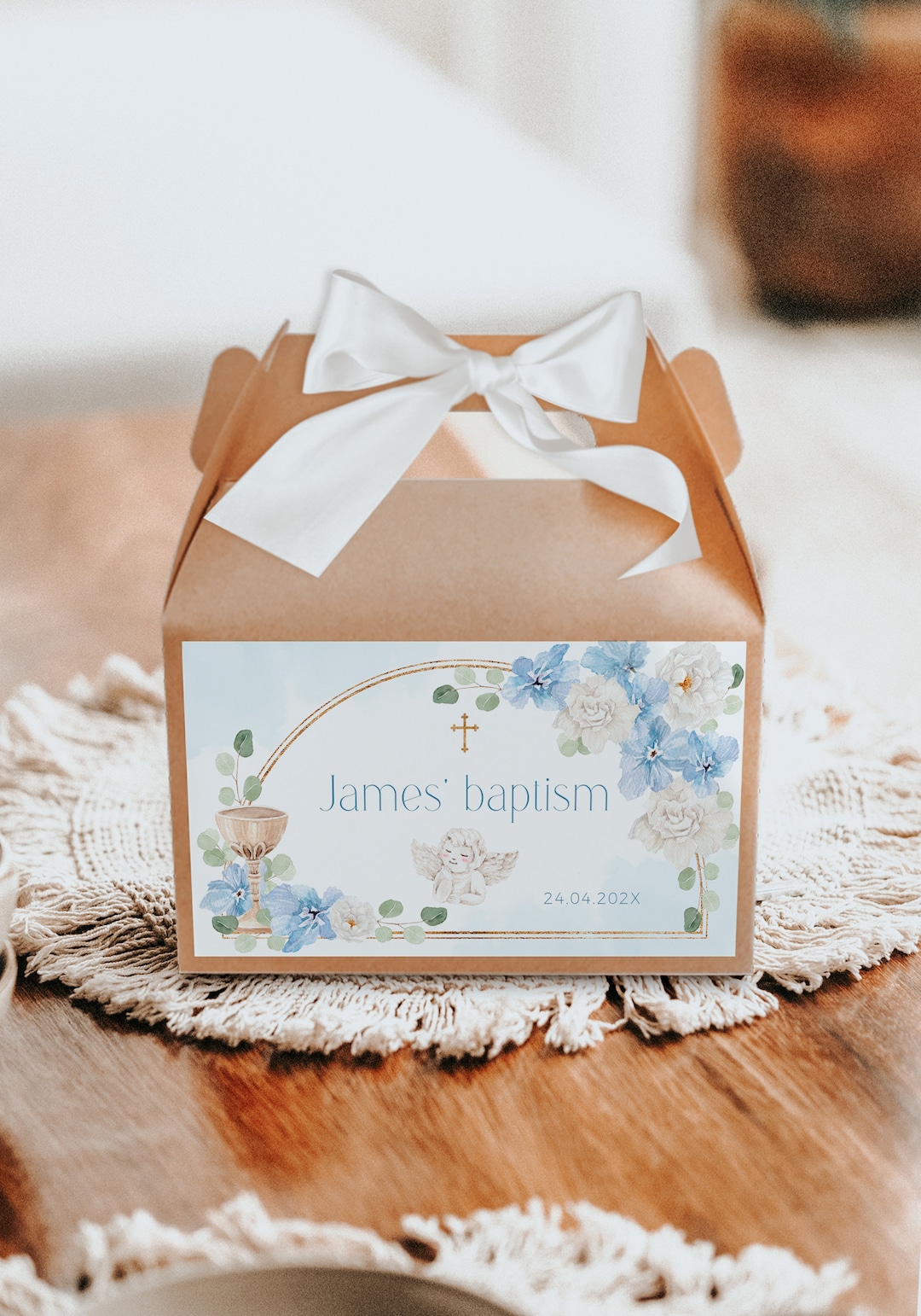 Angelic Labels Editable Gable Box Label With Blue White Flowers Gold Arch, Angel Label ...