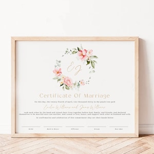 Certificate of marriage template, wedding keepsake certificate with  wreath of pink flowers and eucaliptus, modern gold calligraphy - C326