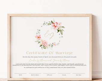 Certificate of marriage template, wedding keepsake certificate with  wreath of pink flowers and eucaliptus, modern gold calligraphy - C326