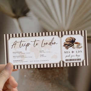 Classic brown A Trip To London surprise ticket template, boarding pass to England any occasion, birthday gift ticket, event airline ticket