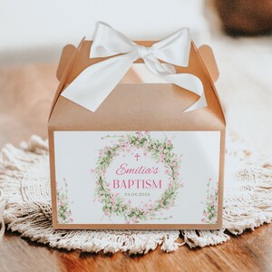 Girl baptism gable box label with soft pink flowers template, christening girl party favor box label, pink green boho baptism gift box -C169